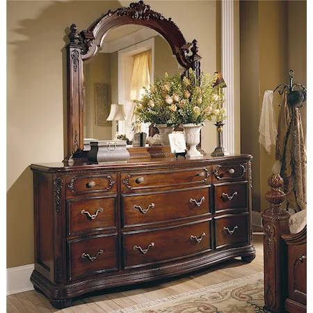 Beveled Ornate Landscape Dresser Mirror and 9 Drawer Dresser with Bun Feet